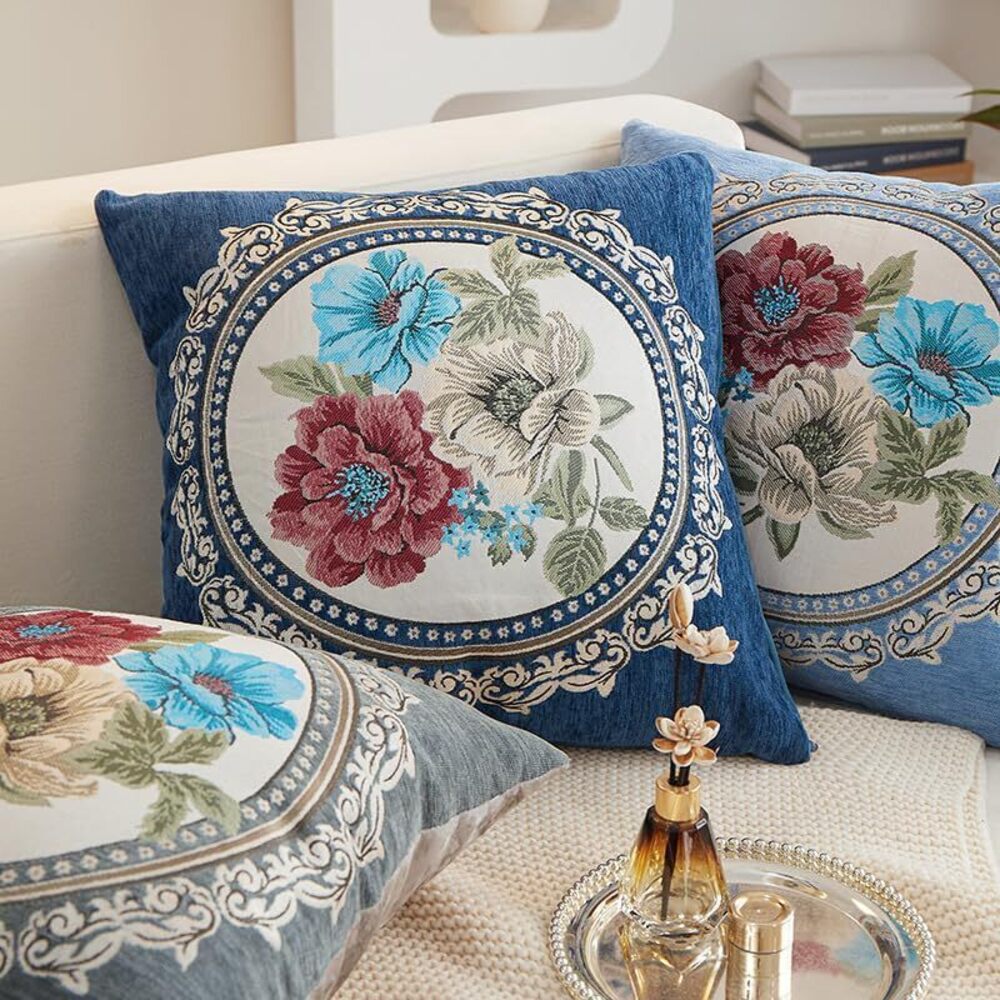 4329 Set of 2 Blue Vintage Embroidered Throw Pillows Covers - Picture 3 of 8